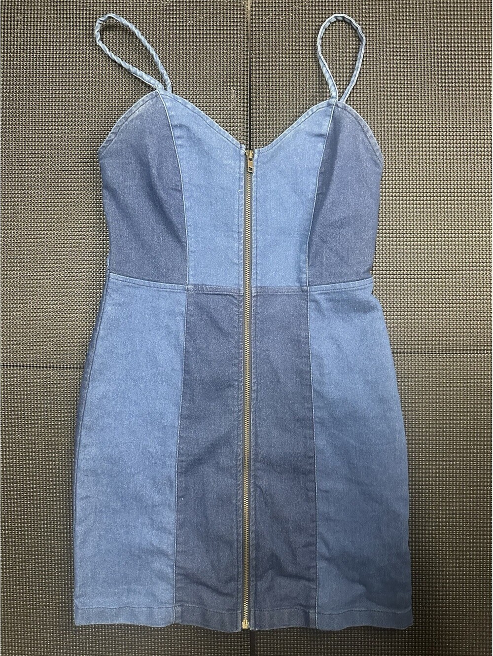 Derek Heart Denim Bodycon Dress Small Blue Front Zip Spaghetti Strap Y2K